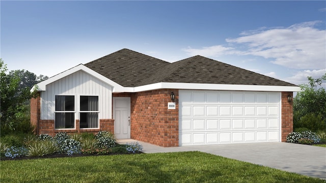 ranch-style home featuring a garage and a front yard