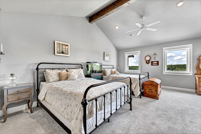 bedroom with beam ceiling, light carpet, high vaulted ceiling, and ceiling fan