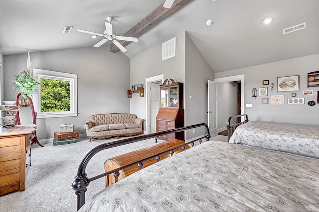 carpeted bedroom with high vaulted ceiling, beamed ceiling, and ceiling fan