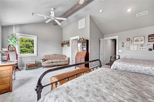 bedroom featuring vaulted ceiling, baseboards, carpet flooring, and ceiling fan