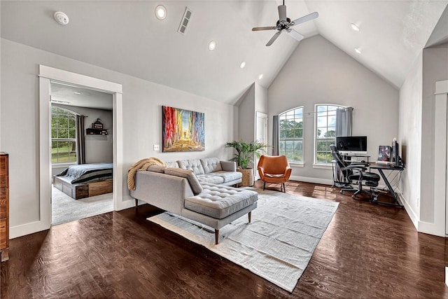 living area featuring ceiling fan, baseboards, wood finished floors, recessed lighting, and a desk