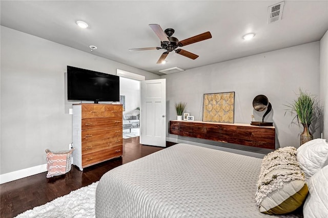 bedroom with wood finished floors, baseboards, ceiling fan, and recessed lighting