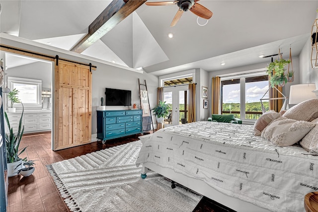 bedroom featuring french doors, dark wood-type flooring, access to exterior, a barn door, and ceiling fan