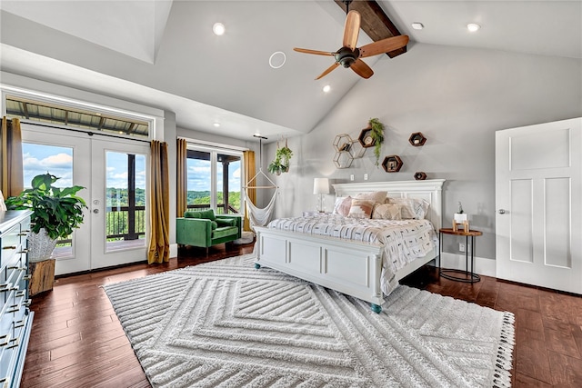 bedroom featuring ceiling fan, high vaulted ceiling, beamed ceiling, access to exterior, and dark wood-type flooring