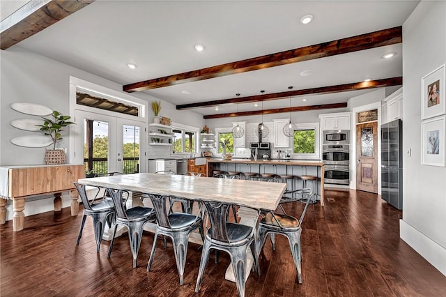 dining room with beam ceiling, french doors, dark wood-style floors, and recessed lighting