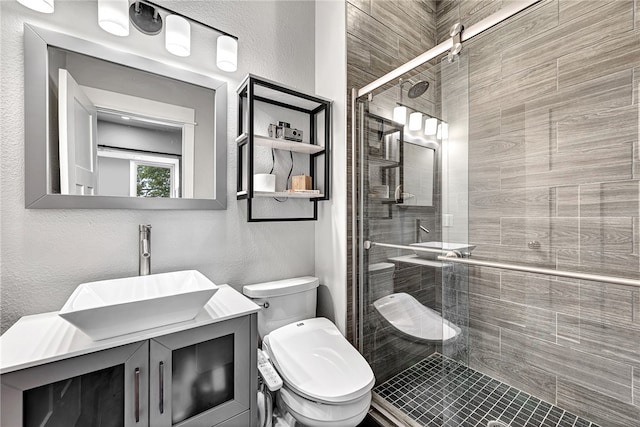 bathroom with vanity, toilet, and an enclosed shower