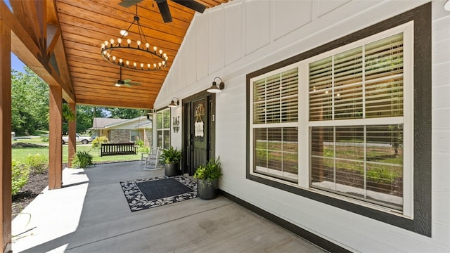 view of patio with a porch and ceiling fan