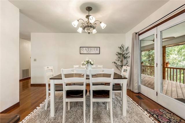 dining room featuring a notable chandelier and dark wood-type flooring