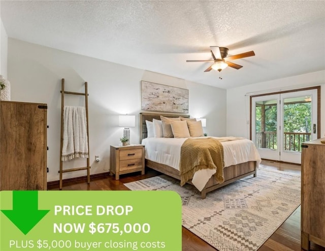 bedroom featuring access to outside, ceiling fan, dark wood-type flooring, and a textured ceiling