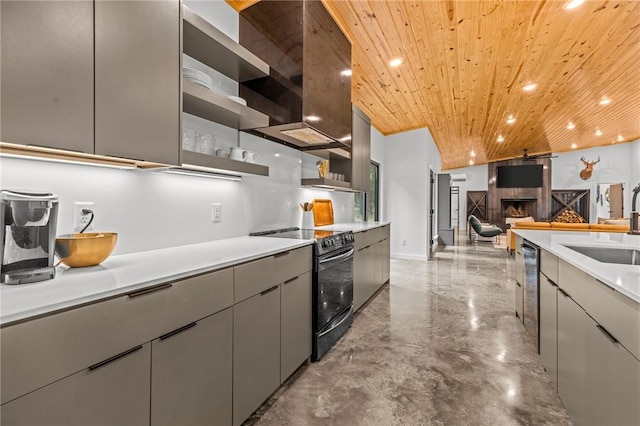 kitchen with sink, gray cabinets, dishwasher, range with electric stovetop, and wooden ceiling