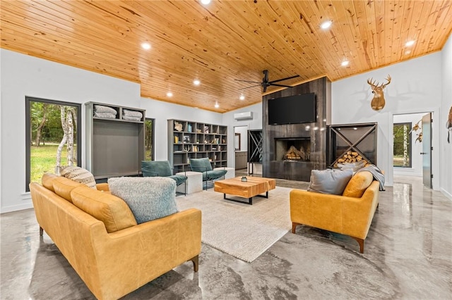 living room featuring a fireplace, a wall mounted AC, vaulted ceiling, and wooden ceiling