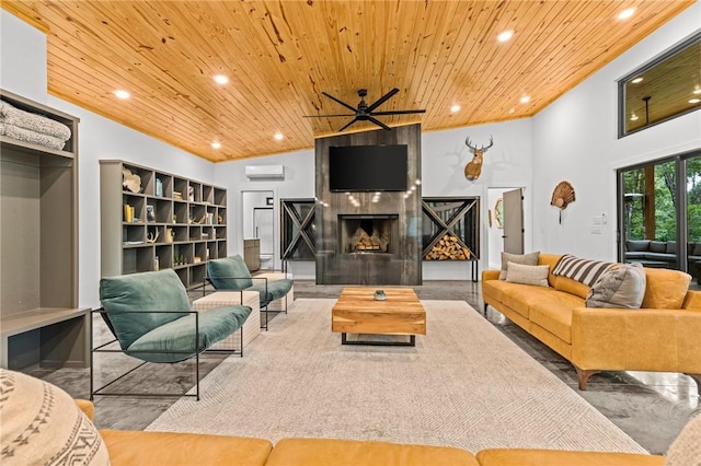 living room featuring crown molding, a tile fireplace, high vaulted ceiling, a wall mounted AC, and wooden ceiling