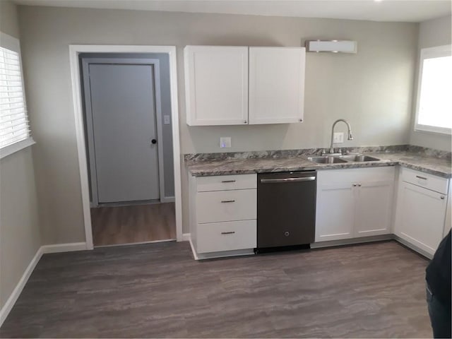 kitchen featuring stainless steel dishwasher, plenty of natural light, and white cabinetry