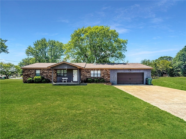 ranch-style house featuring a garage and a front lawn