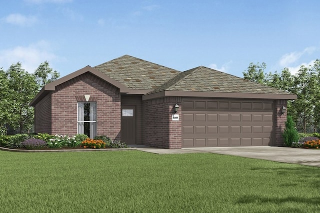 view of front of home featuring an attached garage, brick siding, driveway, and a front lawn