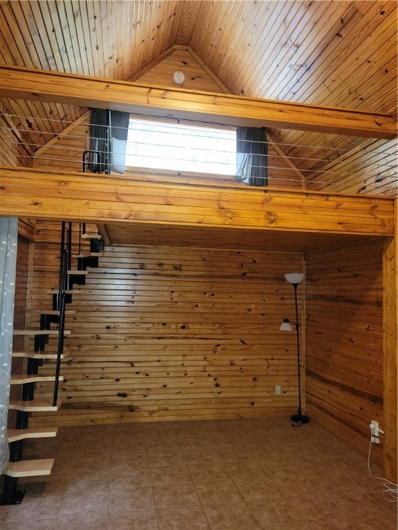 interior space with wooden walls, vaulted ceiling, and wooden ceiling