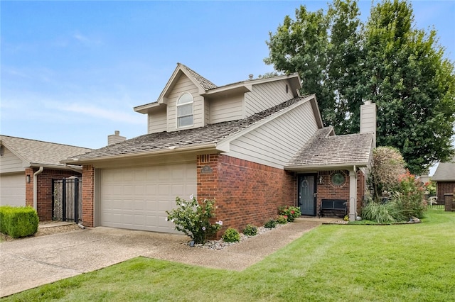 traditional home with a front lawn, concrete driveway, brick siding, and a chimney