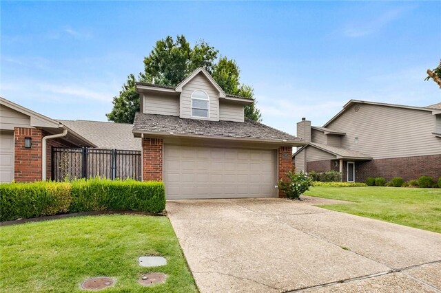 view of front of property with a garage and a front lawn