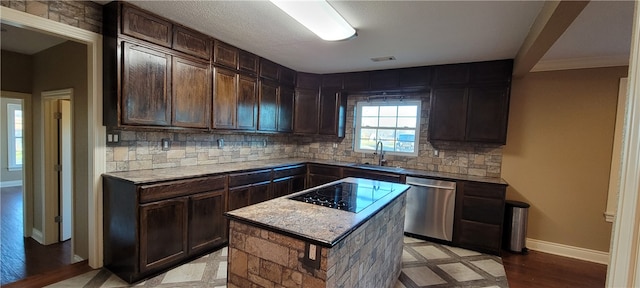 3810 Rainbow Farm Rd, Bentonville, AR 72713 - kitchen featuring dark brown cabinetry, sink, dishwasher, a kitchen island, and black electric stovetop