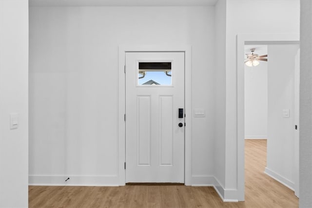 entryway featuring light hardwood / wood-style flooring and ceiling fan