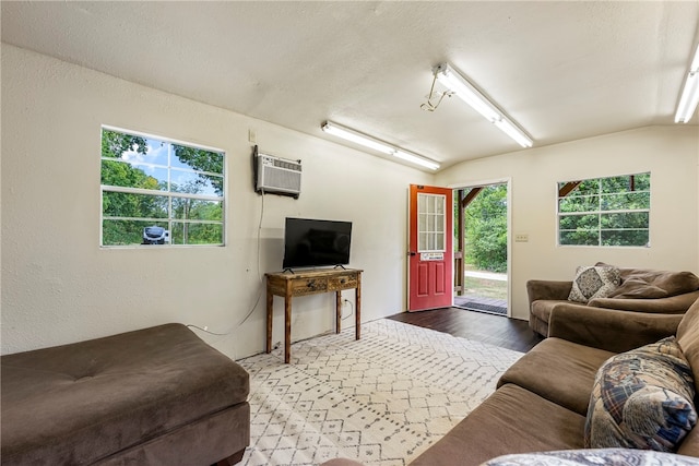 living room featuring a wall mounted AC and wood-type flooring