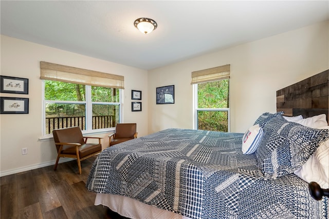 bedroom with multiple windows and dark wood-type flooring