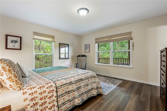 bedroom with dark hardwood / wood-style floors