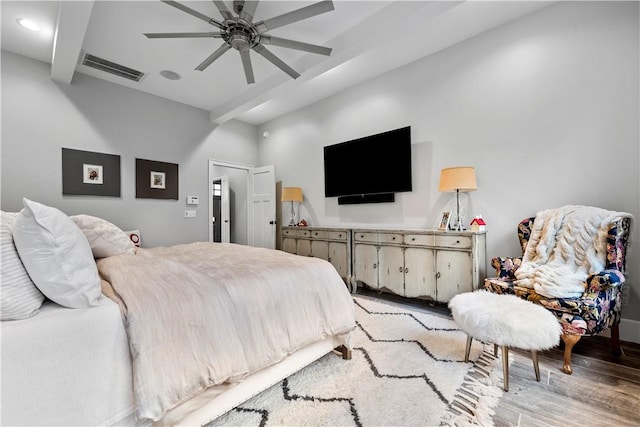 bedroom featuring ceiling fan and light wood-type flooring