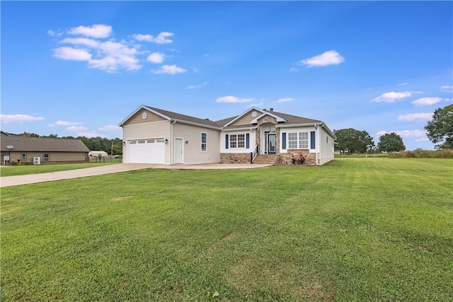 view of front of home featuring concrete driveway, a garage, a front yard, and stone siding
