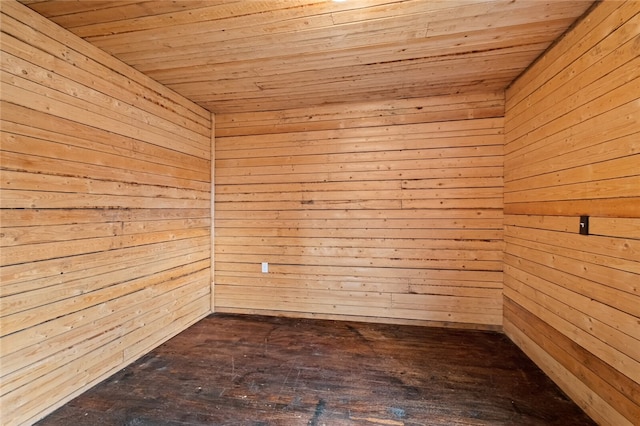 empty room featuring hardwood / wood-style floors, wooden walls, and wood ceiling