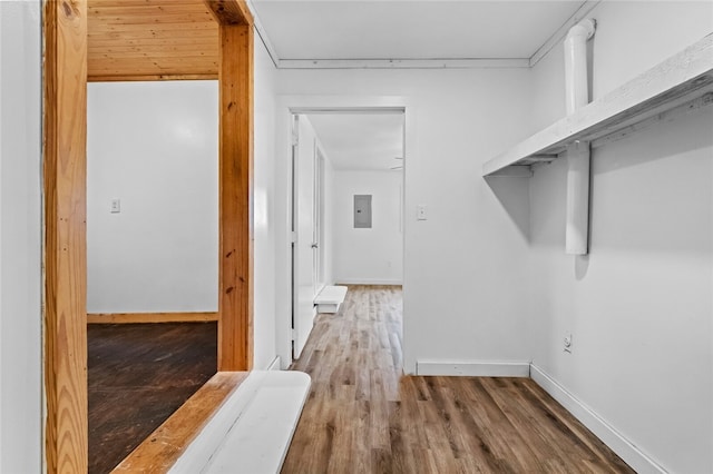 corridor featuring electric panel and wood-type flooring