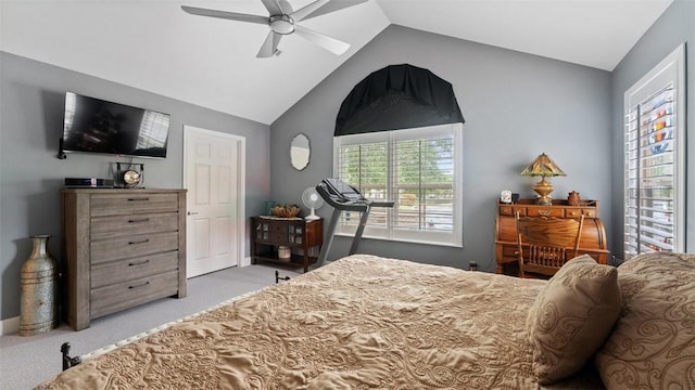 bedroom featuring light carpet, ceiling fan, and lofted ceiling