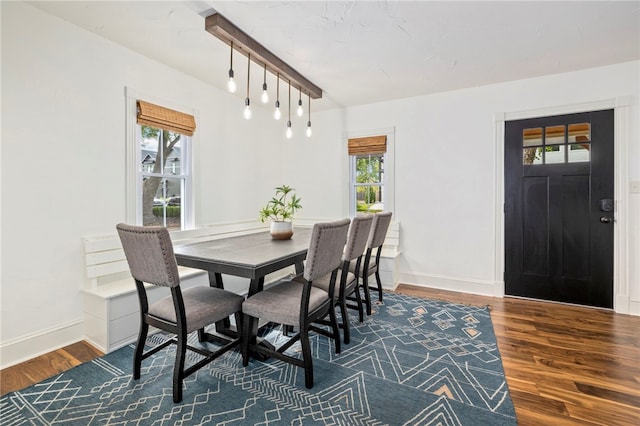 dining area featuring wood finished floors, a wealth of natural light, and baseboards