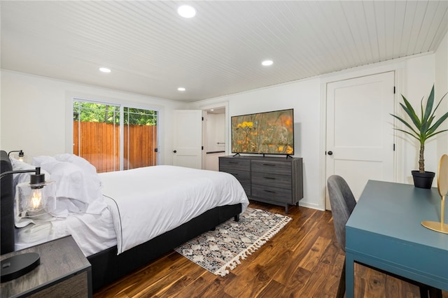 bedroom featuring wooden ceiling, dark wood-style flooring, and recessed lighting