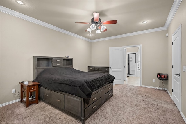 carpeted bedroom featuring ornamental molding and ceiling fan