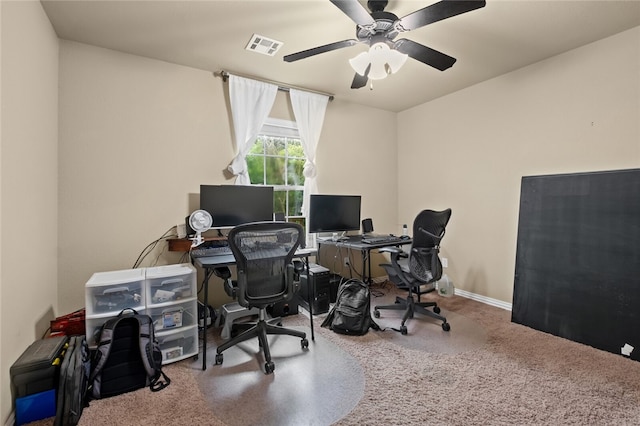 office with ceiling fan and carpet flooring