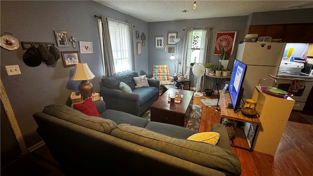 living room with a textured ceiling and dark hardwood / wood-style flooring