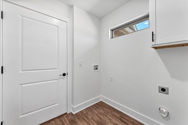 laundry area with washer hookup, dark wood finished floors, cabinet space, baseboards, and hookup for an electric dryer