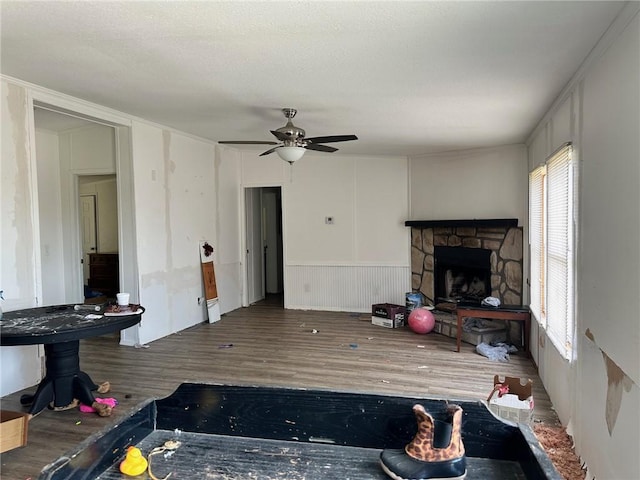 11121 Wolf Track Rd, Summers, AR 72769 - living room featuring wood finished floors, plenty of natural light, ceiling fan, and a fireplace