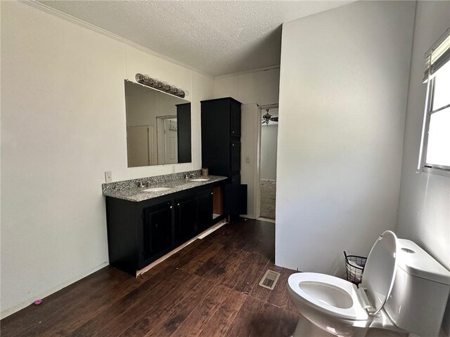 11121 Wolf Track Rd, Summers, AR 72769 - full bathroom featuring toilet, wood finished floors, double vanity, and a textured ceiling