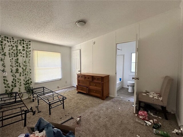 11121 Wolf Track Rd, Summers, AR 72769 - bedroom featuring a textured ceiling, light carpet, and connected bathroom