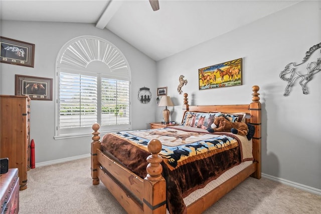 bedroom featuring ceiling fan, light colored carpet, and lofted ceiling with beams