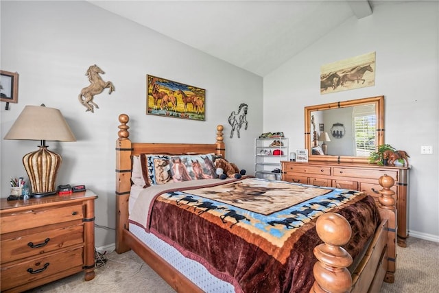 bedroom featuring light carpet and vaulted ceiling with beams