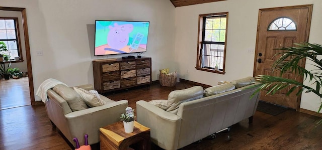 living area with wood finished floors, baseboards, and a wealth of natural light