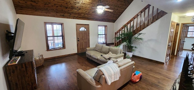 living room featuring ceiling fan, high vaulted ceiling, dark wood-type flooring, and plenty of natural light