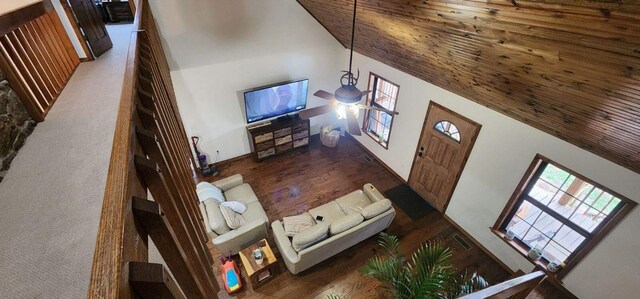 interior space featuring visible vents, high vaulted ceiling, wood finished floors, and wood ceiling