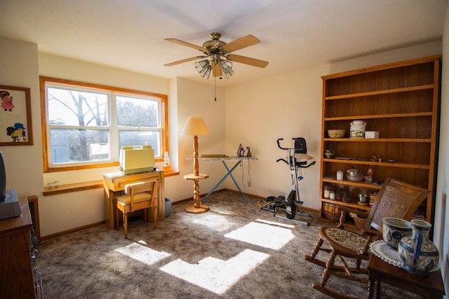 workout room featuring carpet floors and ceiling fan