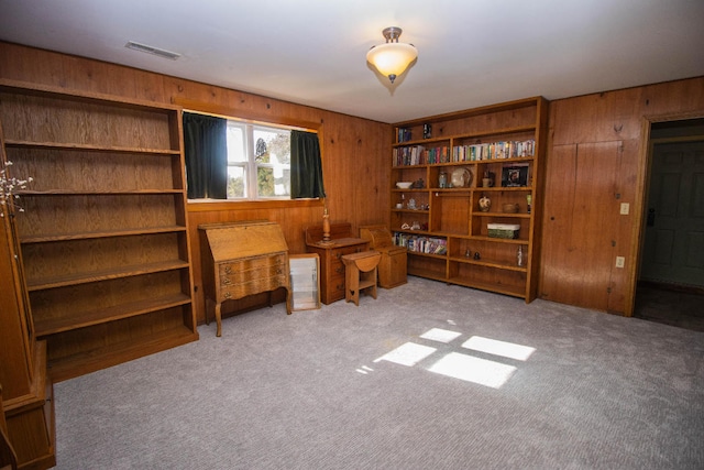 misc room with wooden walls and carpet