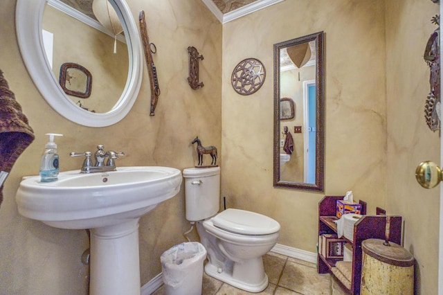 bathroom with toilet, tile patterned flooring, and ornamental molding