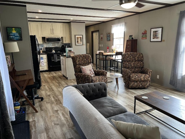 living room with ceiling fan and hardwood / wood-style flooring